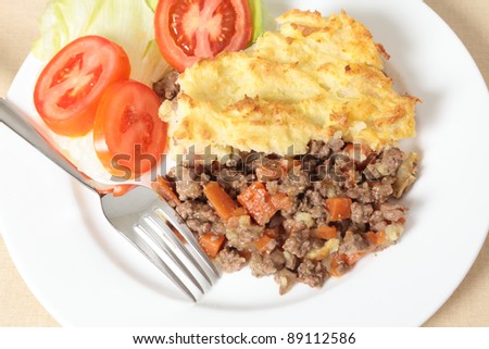 A dinner of shepherds pie or cottage pie and a salad seen from a high angle