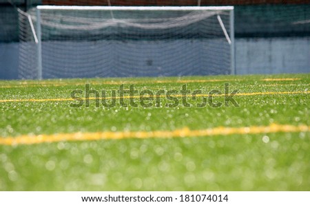 soccer goal in green artificial grass soccer field