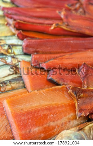Fish shop: closeup of smoked salmon fish