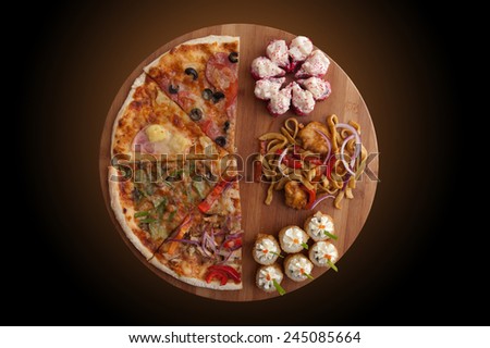 composition at plate by pizza and sushi for fast food illustration