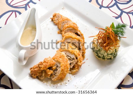 Baked Chicken meat with vegetable - tasty gourmet foods. Close-up.