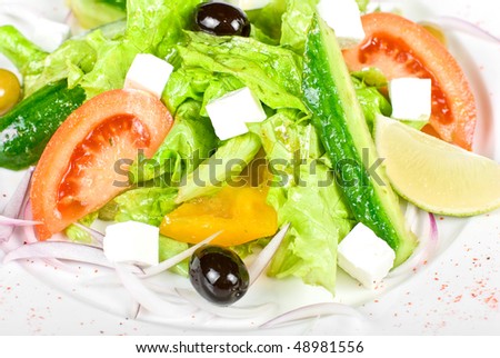 Greece salad closeup dish. Soft focus