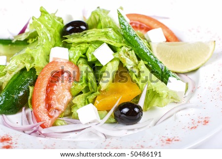 Greece salad closeup dish. Soft focus