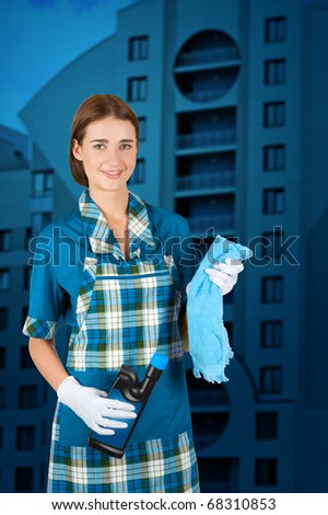 girl cleaner at uniform on a office background