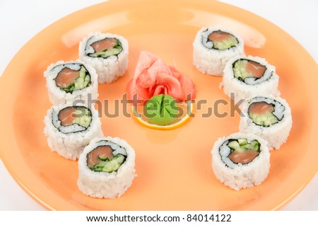 Closeup japanese sushi set at plate on a white