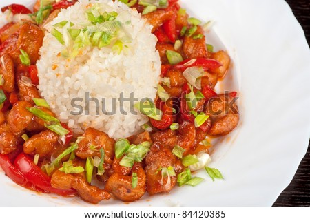 Pork meat and vegetables and pineapple with japanese rice