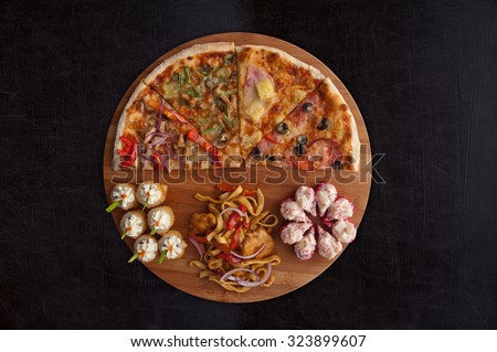 composition at plate by pizza and sushi for fast food illustration