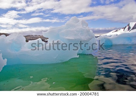 Blue green iceberg with snow covered mountains