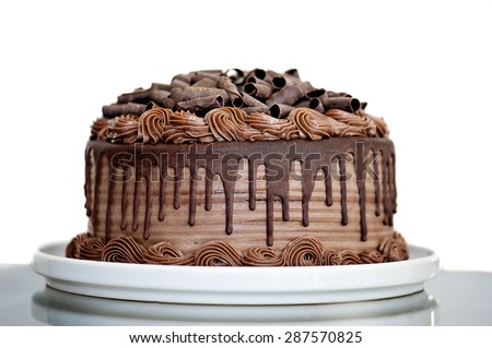 Chocolate Cake with Chocolate Fudge Drizzled Icing and Chocolate Curls Isolated on White Backdrop