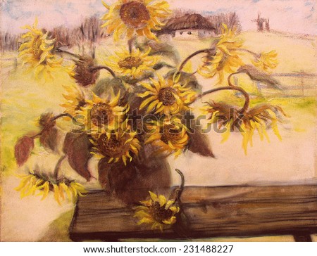 drawing oil, flowers. Sunflowers