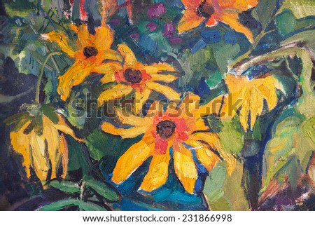 drawing oil, flowers, Sunflowers