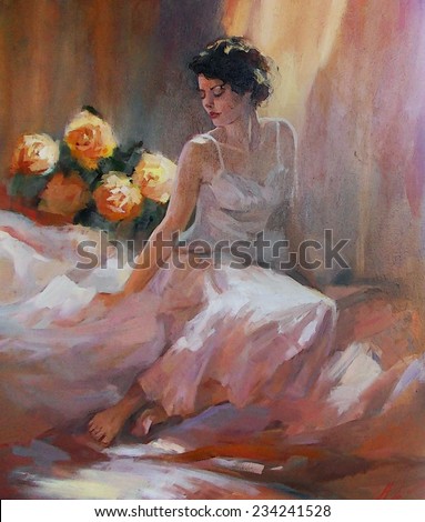 oil Painting, painted a beautiful sitting girl dressed in white on the bed with flowers