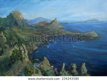 seascape, mountains and sea, drawing oil