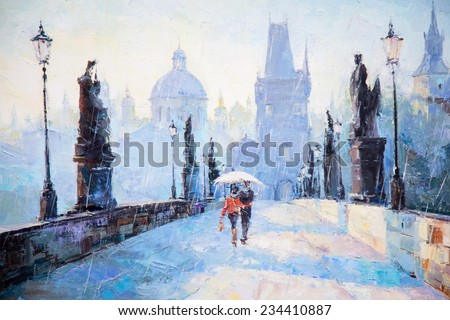 oil painting, art, a pair of lovers under an umbrella, the rain, the bridge, go away,