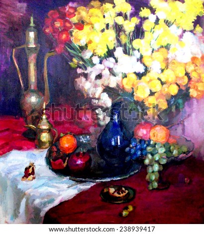 drawing oil, flowers, Still, coffee pot, Arabic Still Life