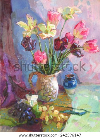 drawing oil, flowers, still life, painting