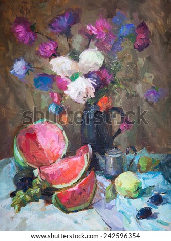 drawing oil, flowers, still life, painting