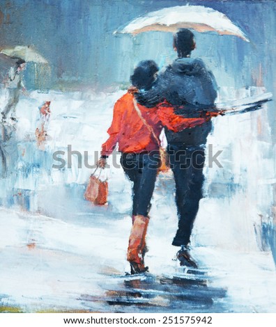 man and woman go under an umbrella, rear view, oil painting.  a pair of lovers under an umbrella,