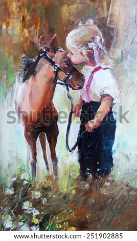 oil Painting of Little girl petting her best friend pony at countryside outdoors
