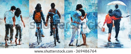 man and woman go under an umbrella, , oil painting. a pair of lovers 4 in 1 collage