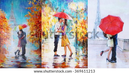 oil painting, a pair of lovers under an umbrella, Eiffel Tower, Paris, valentines day \
3 in 1 collage