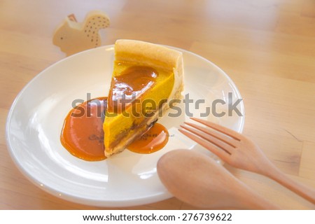 Pumpkin Pie, Selective Focus on Caramel Sauce with Blur Background