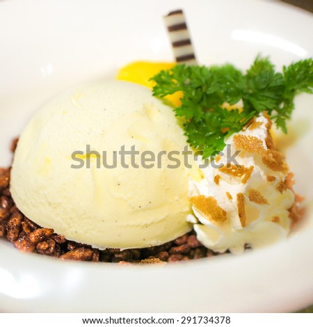 Gelato Vanilla Ice Cream with Mango and Whipping Cream, Selective Focus, Blur Background. Closed up, Original Tone