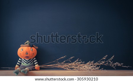 Pumpkin Plush Doll with Chalk Black Board, for Halloween Background, Wallpaper, Toned Photo [Vintage Cold Collection]