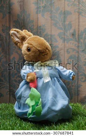 Cute Rabbit Plush Doll Wearing Blue Dress, Holding Carrot