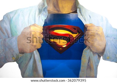JEJU, SOUTH KOREA - NOV 29, 2015 : Photo of 3D Wall Painting of Superman, from a famous scene where Clark Kent is transforming into Superman by wearing on top of his shirt and reveal his Superman suit
