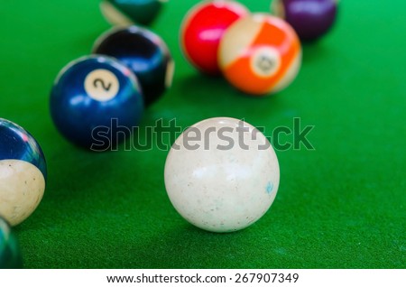 Billiard balls on the table. Focus on the white ball