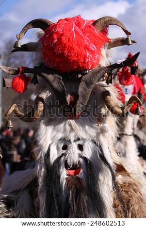 Bulgaria - jan 31, 2015: Man in traditional masquerade costume is seen at the the International Festival of the Masquerade Games \