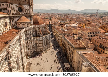 Cathedral Santa Maria Del Fiore with Giotto\'s Campanile at sunset in Florence, Italy