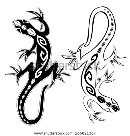 decorative  lizards reptiles with long curved tails decorated geometric ornament suitable for tattoo, logo or mascot design