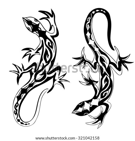 Decorative lizards reptiles with long curved tails decorated geometric ornament suitable for tattoo, logo or mascot design