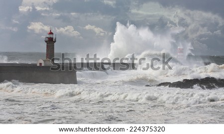 Storm waves over the Lighthouse, Portugal - enhanced sky