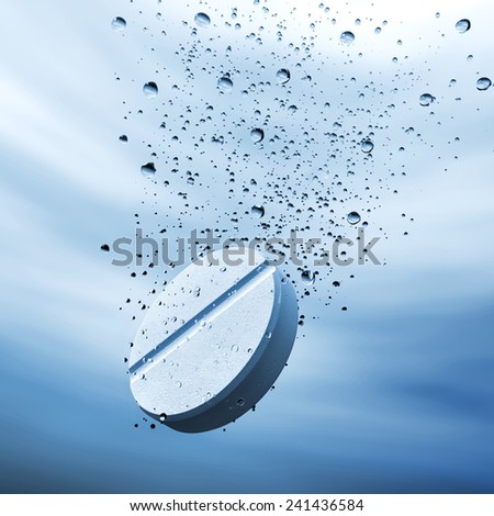 Aspirin pill in a pure blue water surrounded with air bubbles