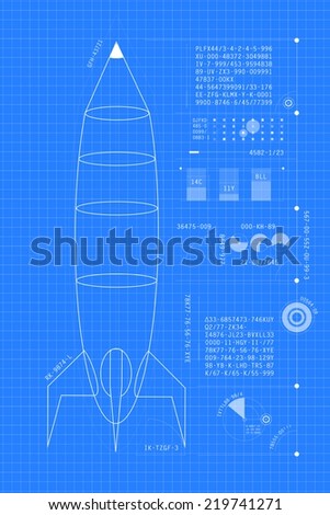 Blueprint of rocket. Technical drawing on blue background.
