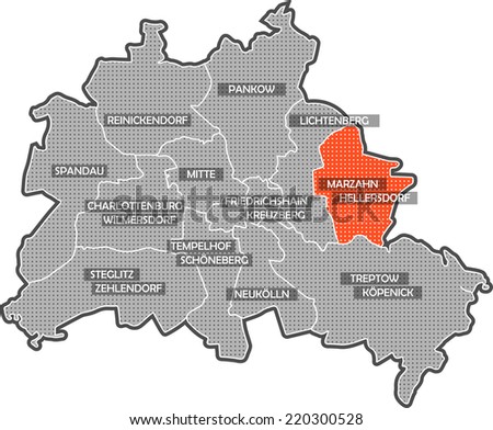 Map of Berlin districts. Focus on district Marzahn Hellersdorf. Other districts are identified by name also.