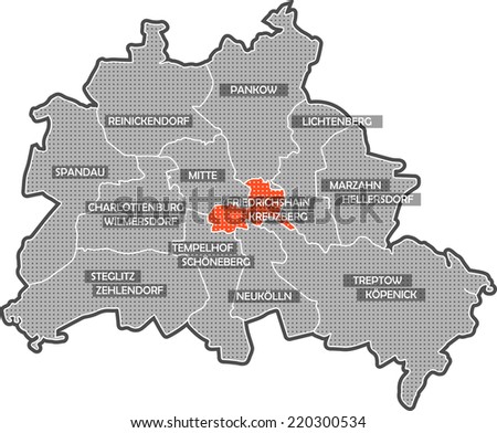 Map of Berlin districts. Focus on district Friedrichshain Kreuzberg. Other districts are identified by name also.