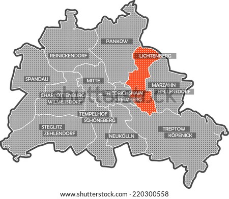 Map of Berlin districts. Focus on district Lichtenberg. Other districts are identified by name also.