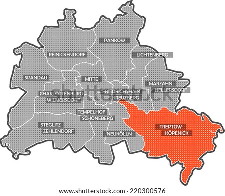 Map of Berlin districts. Focus on district Treptow Kopenick. Other districts are identified by name also.