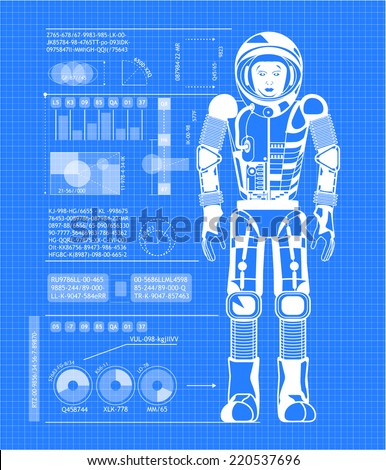 Astronaut on blueprint with additional technical information.