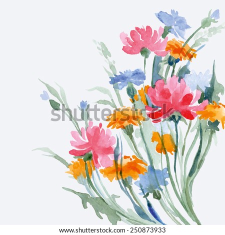 Watercolor painting of bouquet of   a wild flowers. Summer background. Element for design. Vector illustration.