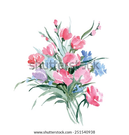 Watercolor painting of bouquet of   a wild flowers. Summer background. Element for design. Vector illustration.