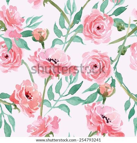Seamless pattern with branches with Watercolor blooming Ranunculus Vector illustration Seamless pattern with branches with Watercolor blooming Ranunculus Vector illustration