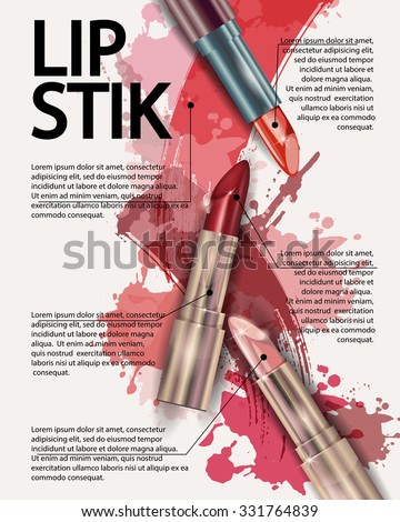 Lipstick. Beauty and cosmetics background. Use for advertising flyer, banner, leaflet. Template Vector.