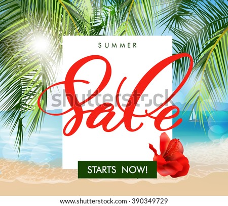 Summer sale Concept. Summer background with tropical flowers, butterflies. Template Vector.