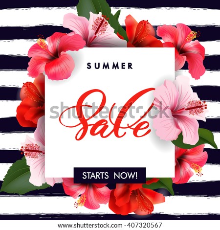 Summer sale Concept. Summer background with tropical flowers.  Template Vector.
