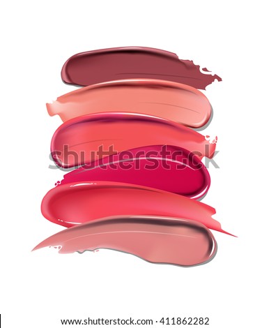 Collection of various Smears lipstick on white background. Beauty and cosmetics background. Use for advertising flyer, banner, leaflet. Template Vector.